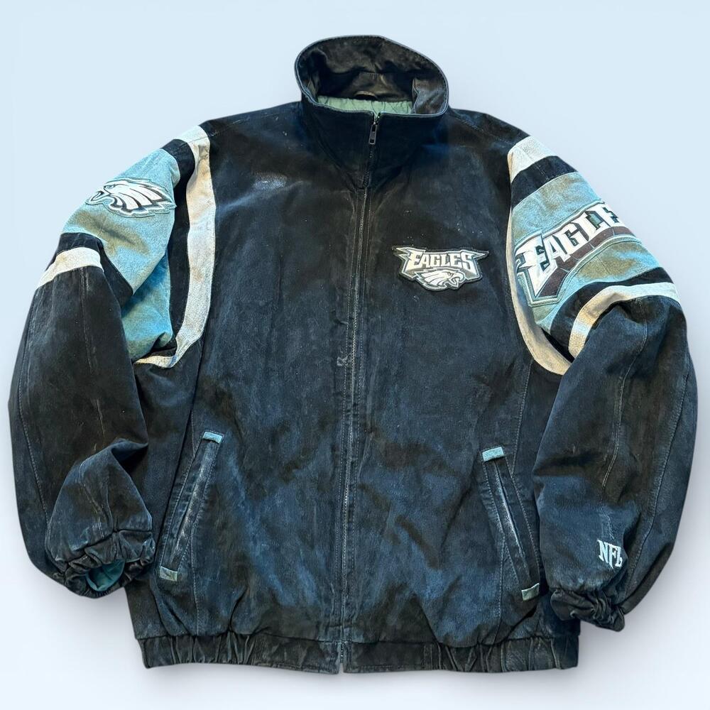 Philadelphia Eagles Jacket Mens Large Black NFL Football Full Zip Suede Style